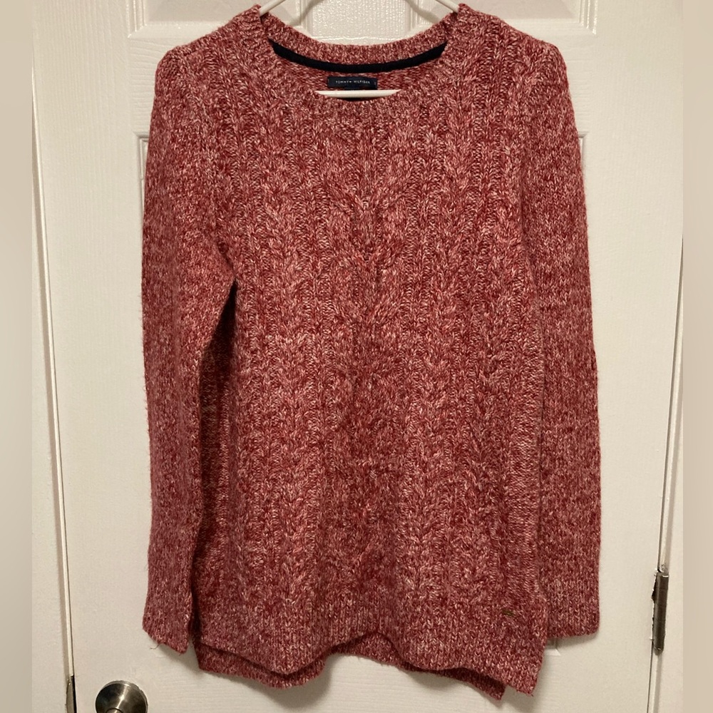 *Tommy Hilfiger Red Marled Medium Cable Knit Long Sleeve Sweater #RB
